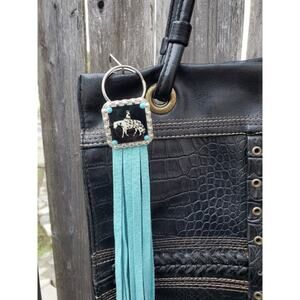 Handmade boho appy horse Leather Fringe Western bag charm, Long fringe keychain